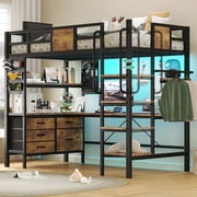 Loft Bed Twin Size with L-Shaped Desk and Storage, Metal Bunk Bed with Desk Underneath and LED Lights and Charging Station, Twin Loft Frames with 5 Drawer 2 Pegboards, Safety Guard Ladder, Brown